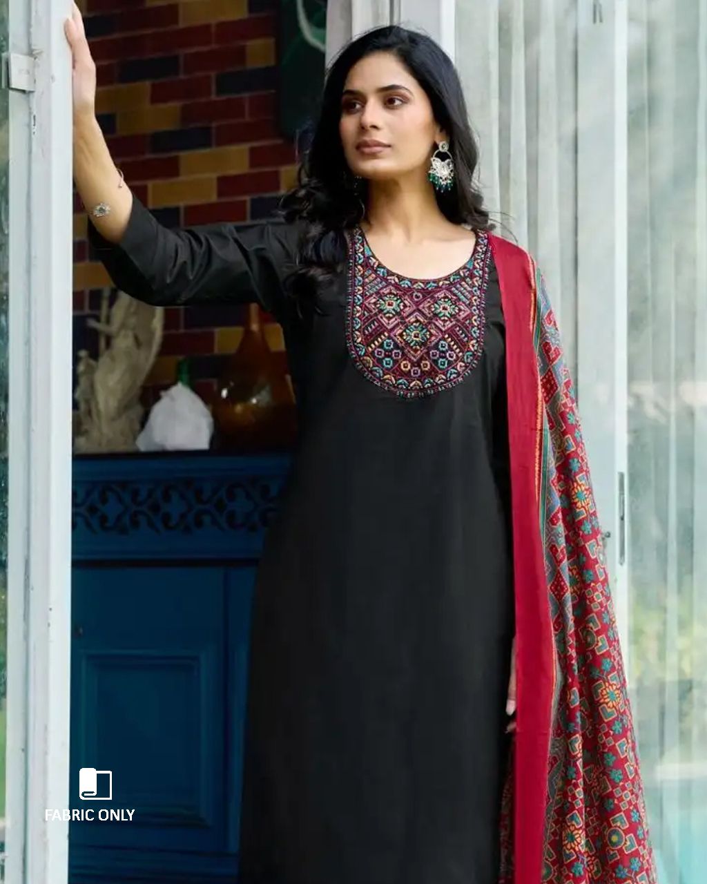 Chaos Black Heavy Cotton Beads And Pearl Patch Work Unstitched Dress Material