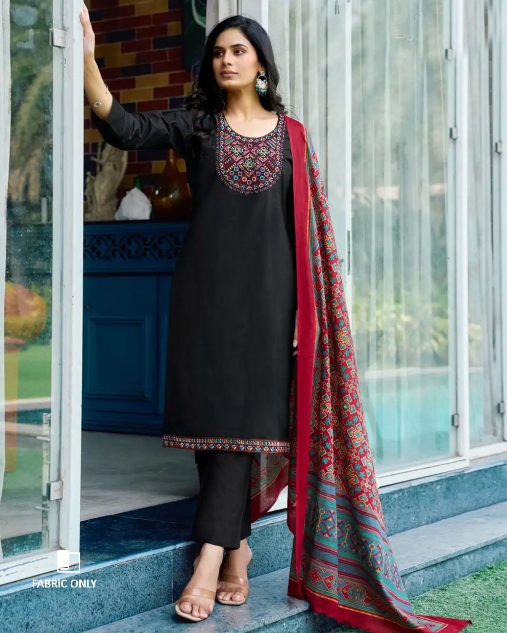 Chaos Black Heavy Cotton Beads And Pearl Patch Work Unstitched Dress Material