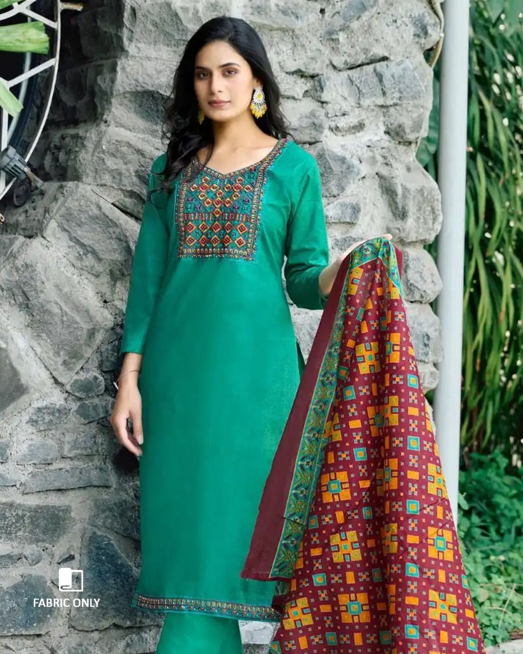Persian Green Heavy Cotton Beads And Pearl Patch Work Unstitched Dress Material