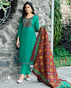 Persian Green Heavy Cotton Beads And Pearl Patch Work Unstitched Dress Material