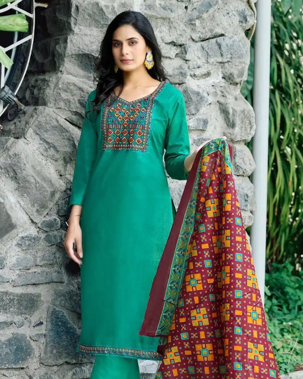Persian Green Heavy Cotton Beads And Pearl Patch Work An Ode to Elegance