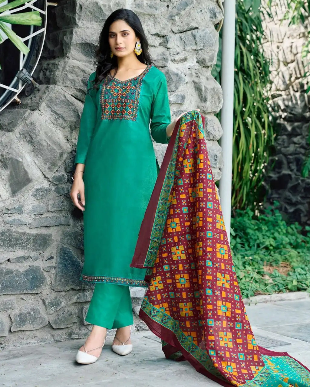 Persian Green Heavy Cotton Beads And Pearl Patch Work An Ode to Elegance