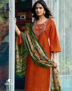 Raucous Red Orange Heavy Cotton Beads And Pearl Patch Work Unstitched Dress Material