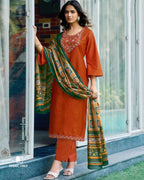 Raucous Red Orange Heavy Cotton Beads And Pearl Patch Work Unstitched Dress Material