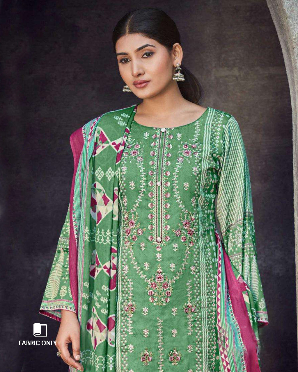 Adventurine Green Jam Satin Digital Print Unstitched Dress Material