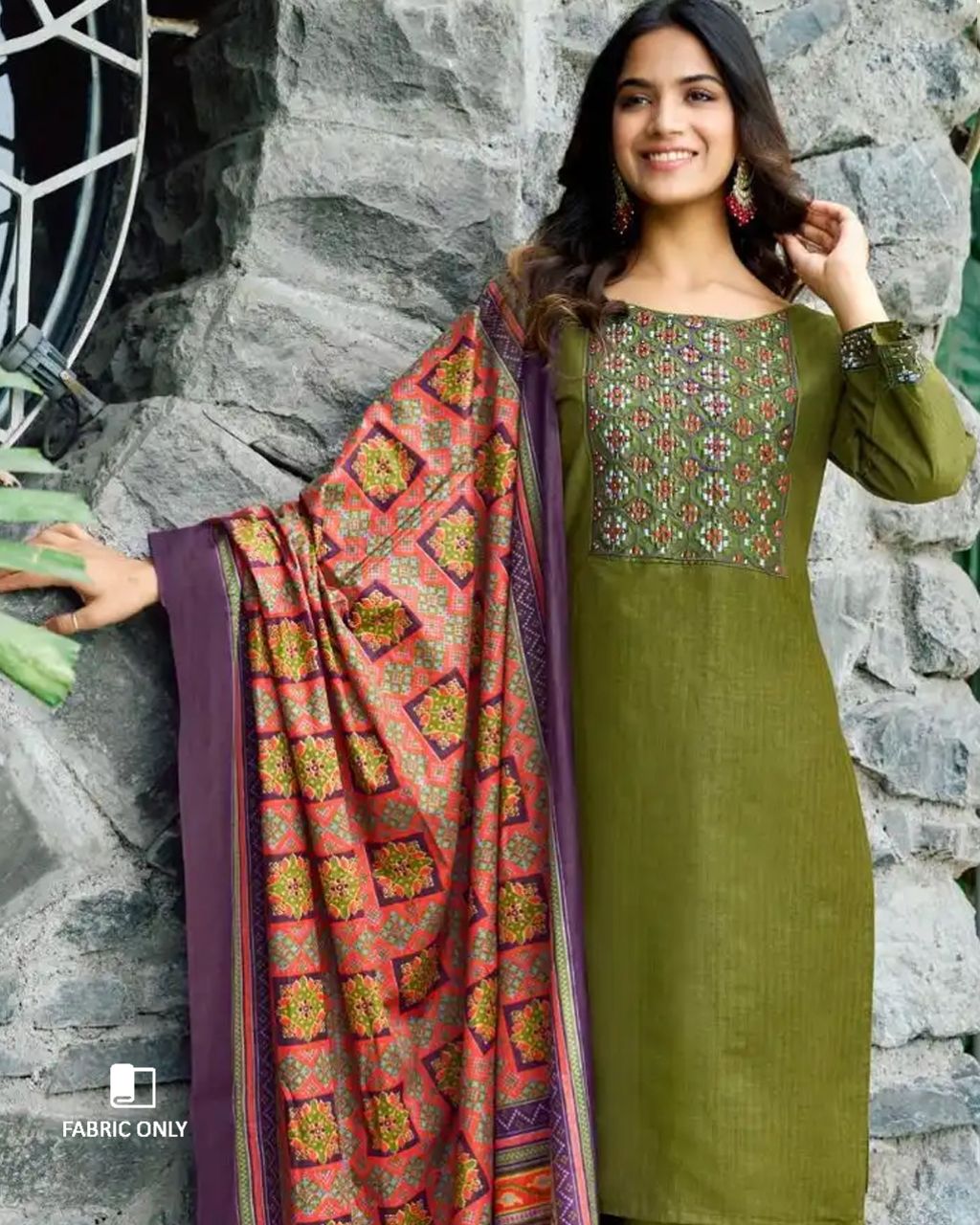 Marsh Grass Green Heavy Cotton Beads And Pearl Patch Work Unstitched Dress Material