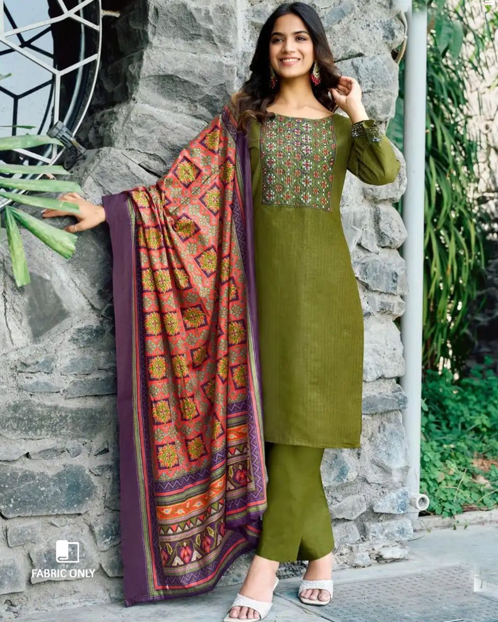 Marsh Grass Green Heavy Cotton Beads And Pearl Patch Work Unstitched Dress Material