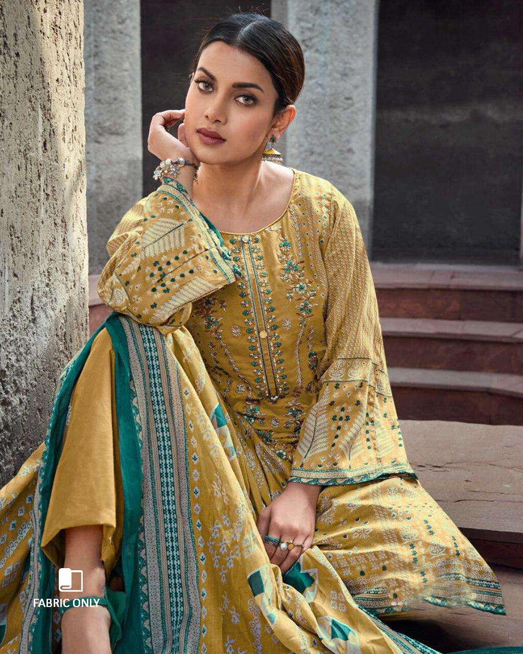 Brown Butter Yellow Jam Satin Digital Print Unstitched Dress Material