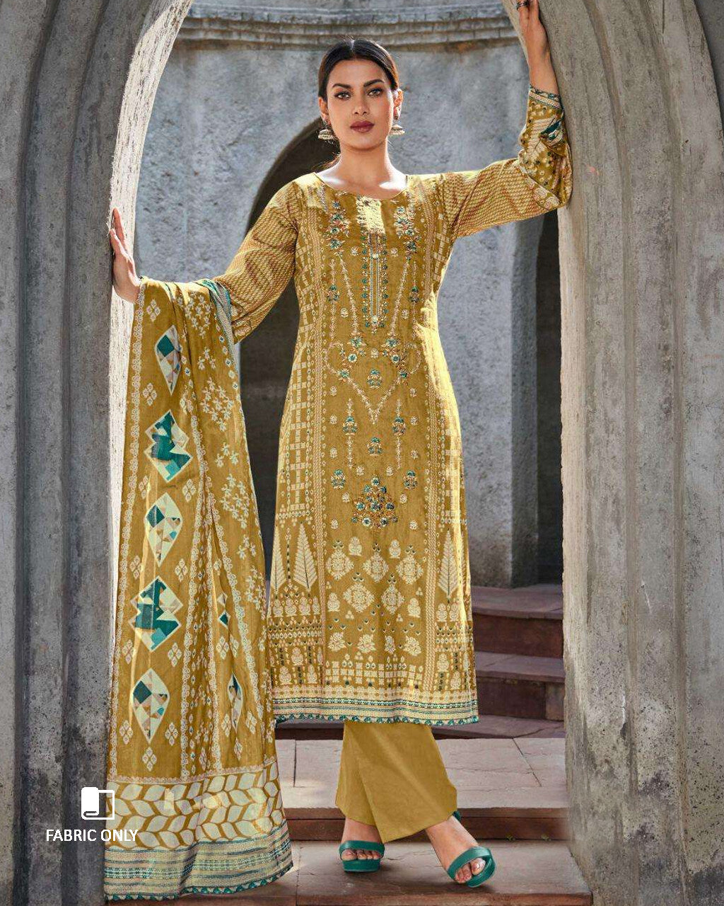 Brown Butter Yellow Jam Satin Digital Print Unstitched Dress Material