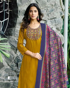 Illuminate Me Yellow Heavy Cotton Beads And Pearl Patch Work Unstitched Dress Material