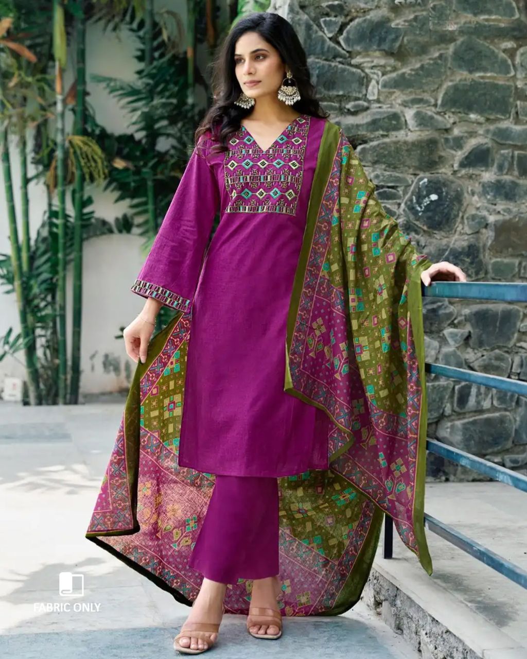 Bane of Royalty Purple Heavy Cotton Beads And Pearl Patch Work Unstitched Dress Material