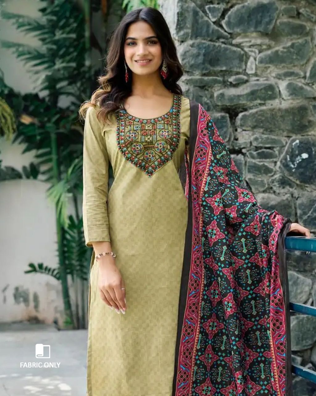 Sandy Pail Beige Heavy Cotton Beads And Pearl Patch Work Unstitched Dress Material