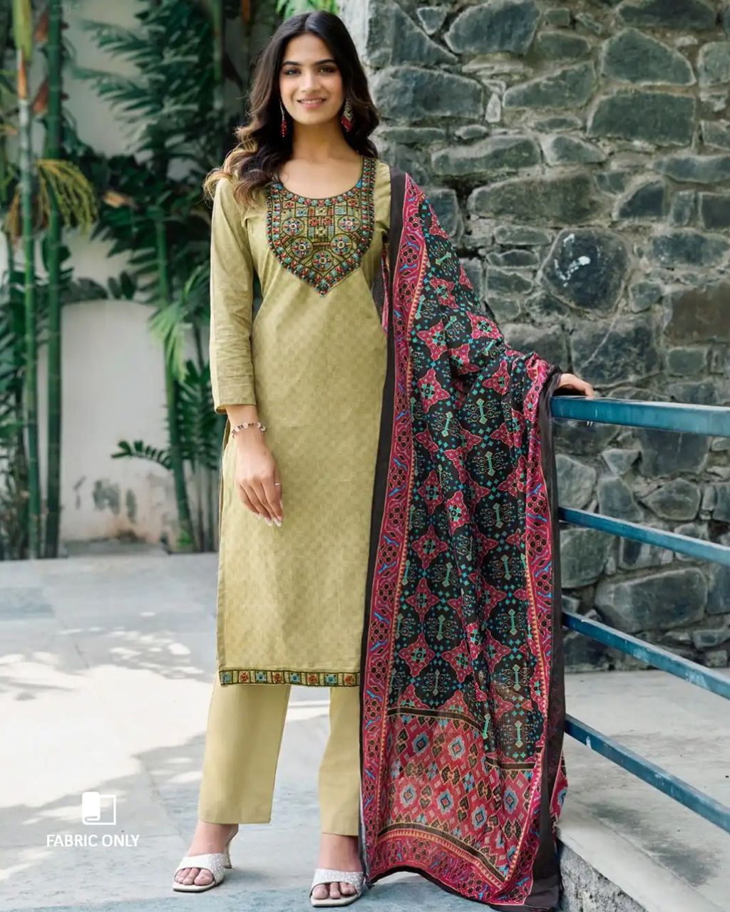 Sandy Pail Beige Heavy Cotton Beads And Pearl Patch Work Unstitched Dress Material