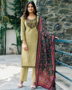 Sandy Pail Beige Heavy Cotton Beads And Pearl Patch Work Unstitched Dress Material