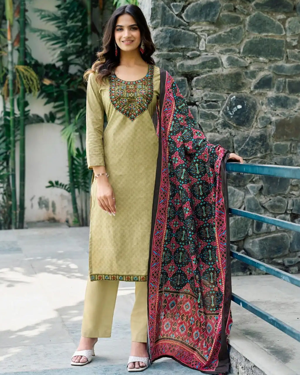 Sandy Pail Beige Heavy Cotton Beads And Pearl Patch Work Symphony