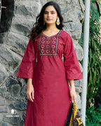 Granita Pinkish Red Heavy Cotton Beads And Pearl Patch Work Unstitched Dress Material