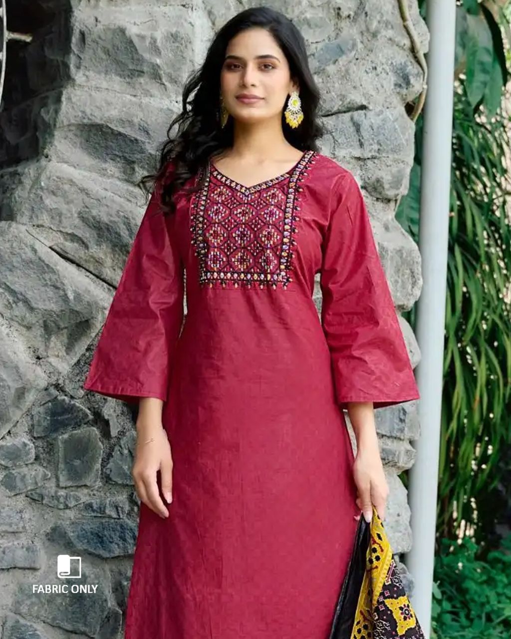 Granita Pinkish Red Heavy Cotton Beads And Pearl Patch Work Unstitched Dress Material