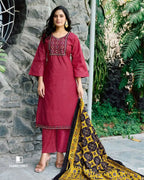 Granita Pinkish Red Heavy Cotton Beads And Pearl Patch Work Unstitched Dress Material