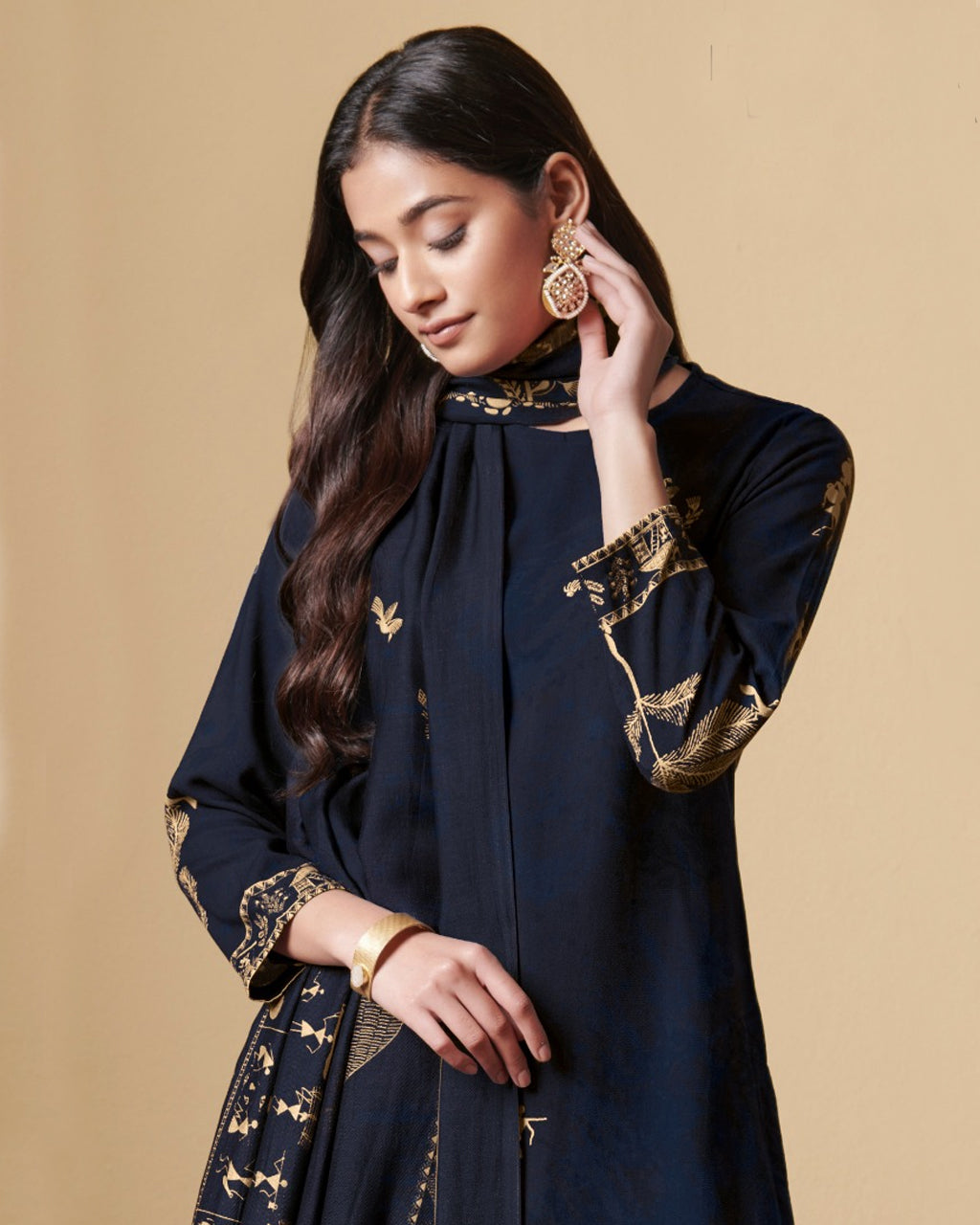 Ebony Clay Black Digital Printed Pashmina Mirror Work Unstitched Dress Material