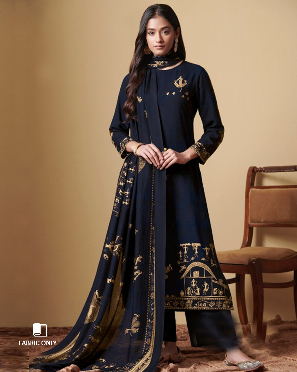 Ebony Clay Black Digital Printed Pashmina Mirror Work Unstitched Dress Material