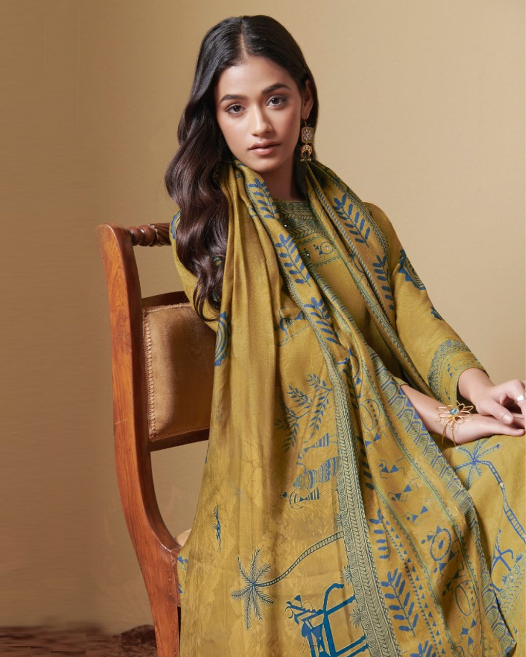 Fluor Spar Yellow Digital Printed Pashmina Pitaa And Mirror Work Unstitched Dress Material