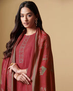 Frosted Pomegranate Red Digital Printed Pashmina Pitaa And Mirror Work Unstitched Dress Material