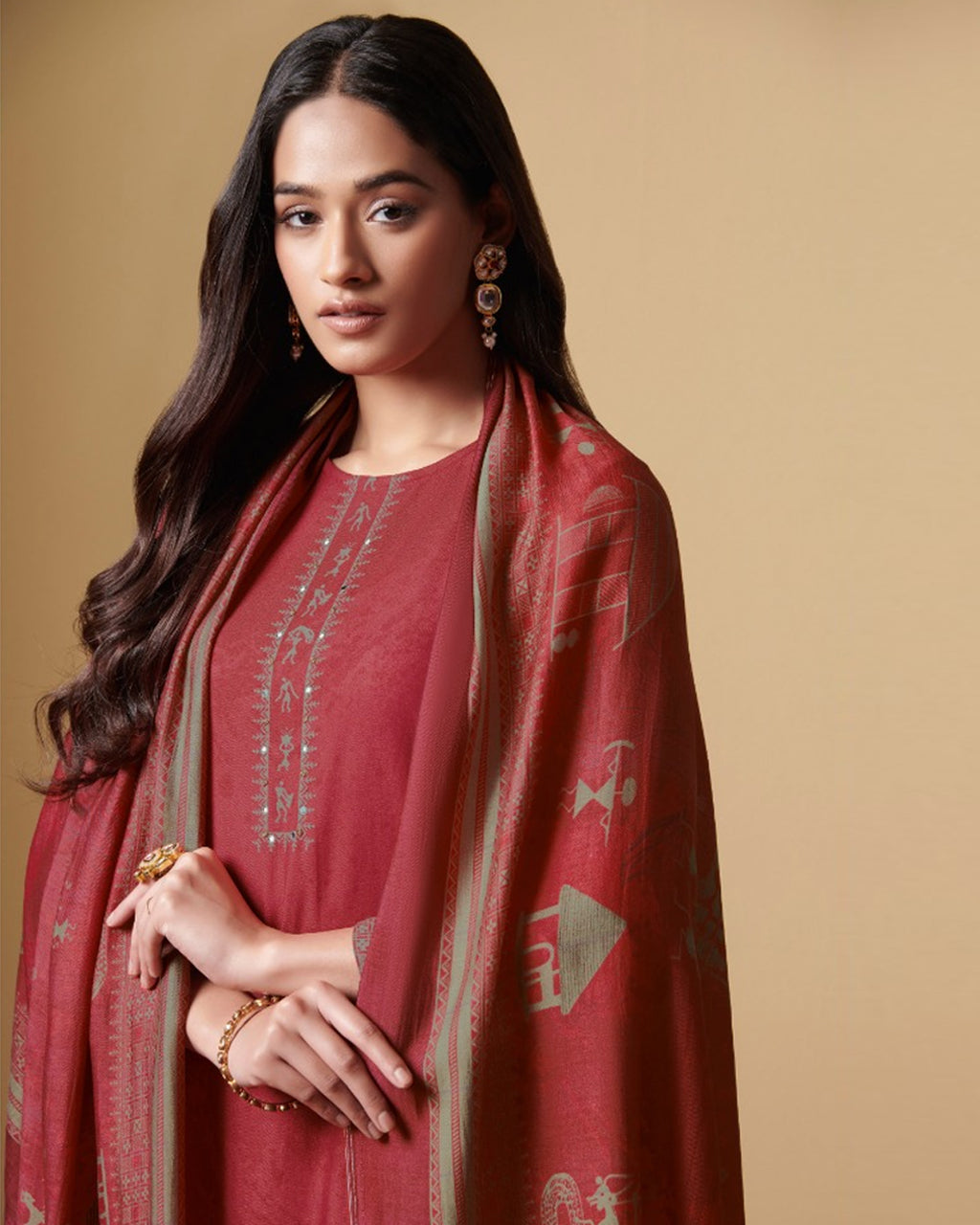 Frosted Pomegranate Red Digital Printed Pashmina Pitaa And Mirror Work Unstitched Dress Material