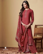 Frosted Pomegranate Red Digital Printed Pashmina Pitaa And Mirror Work Unstitched Dress Material