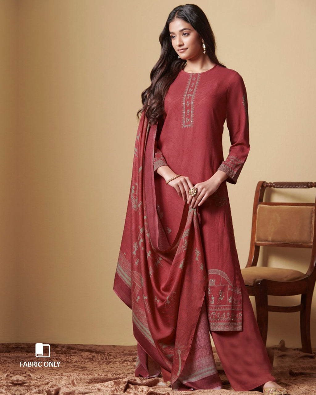 Frosted Pomegranate Red Digital Printed Pashmina Pitaa And Mirror Work Unstitched Dress Material