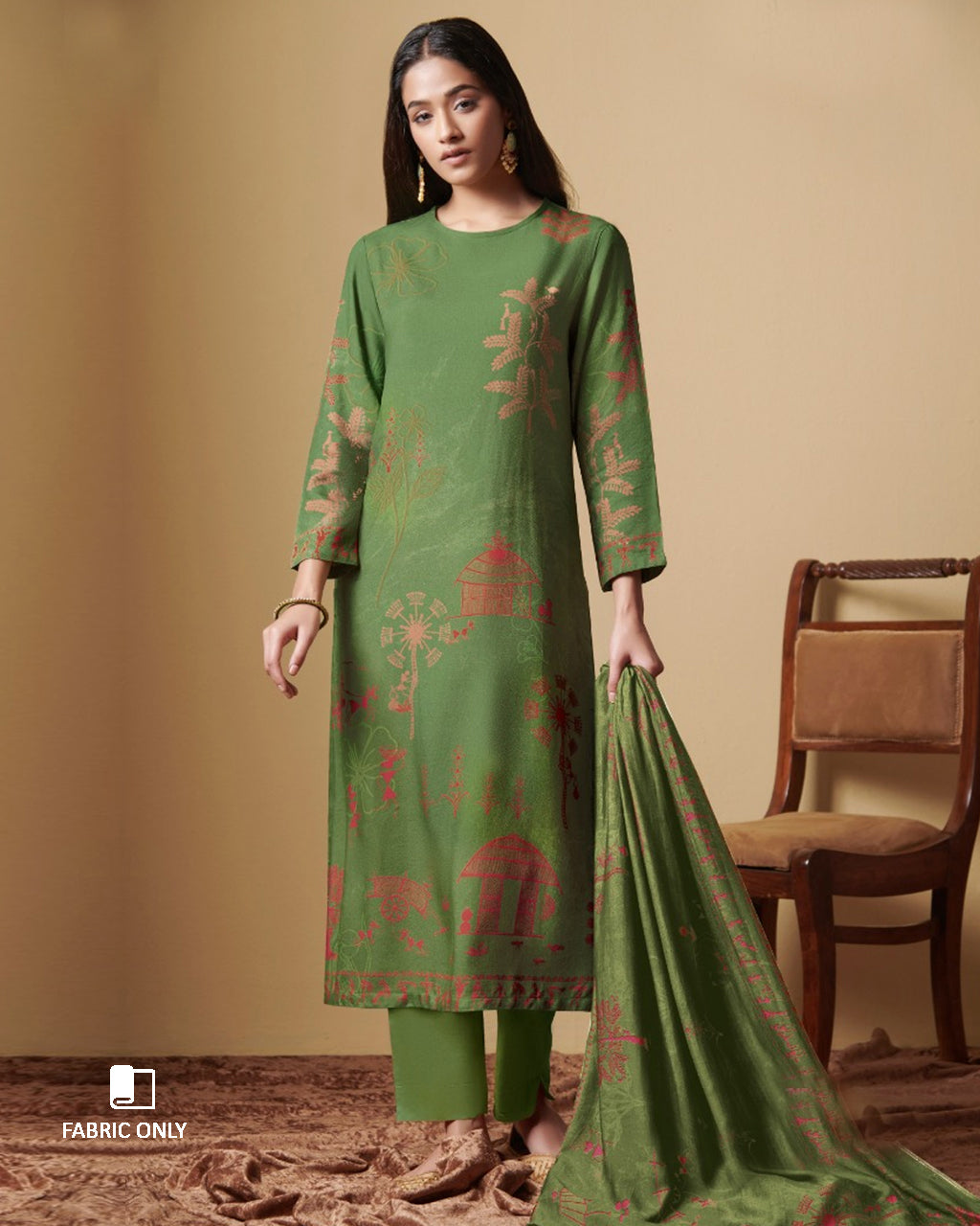 Peeled Asparagus Green Digital Printed Pashmina Pitaa And Mirror Work Unstitched Dress Material