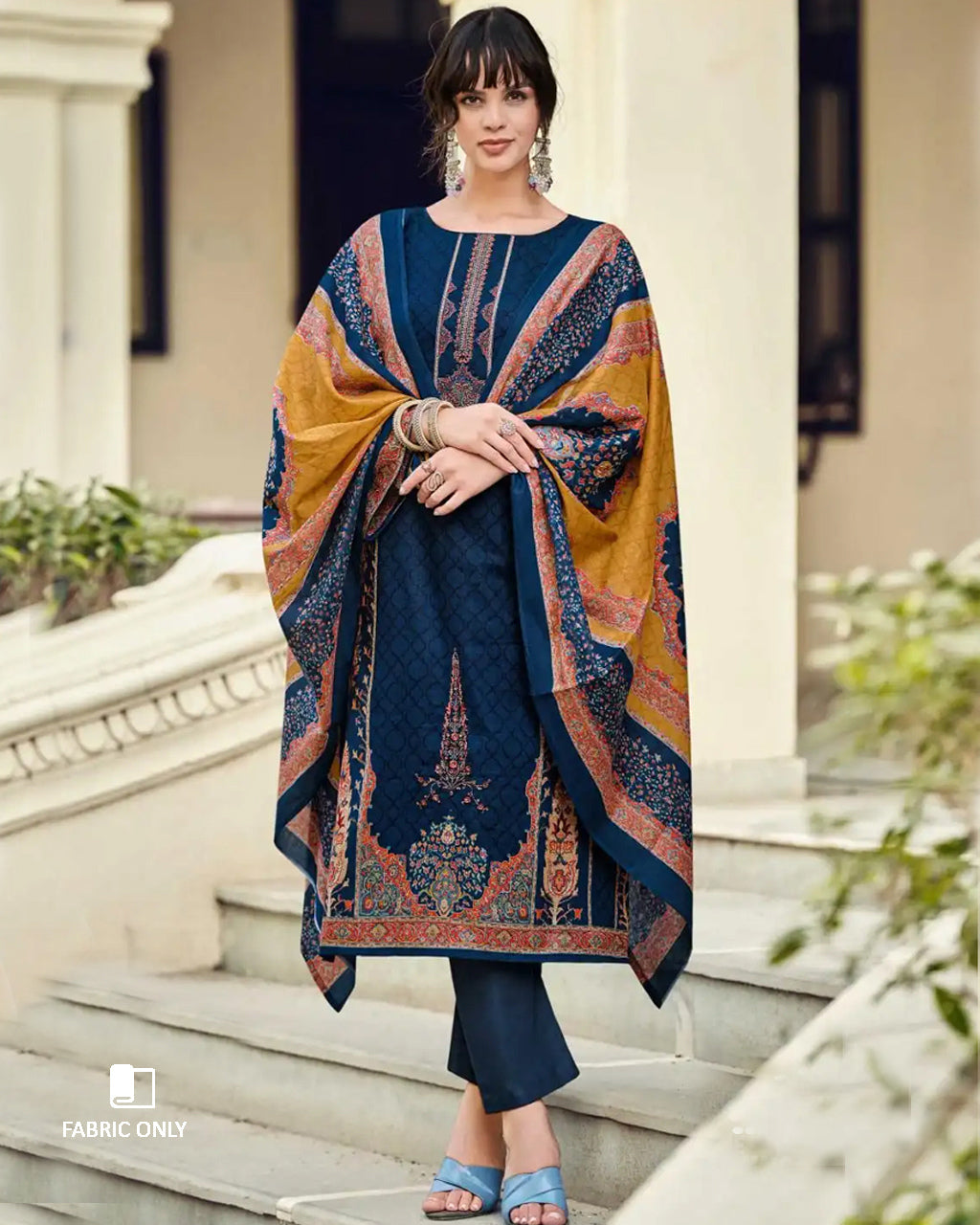 Downriver Blue Viscose Lawn Cotton Digital Print Unstitched Dress Material