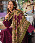 Dark Humor Purple Pashmina exquisite Designer Applique Work Unstitched Dress Material