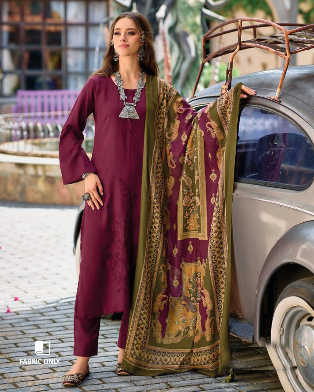 Dark Humor Purple Pashmina exquisite Designer Applique Work Unstitched Dress Material