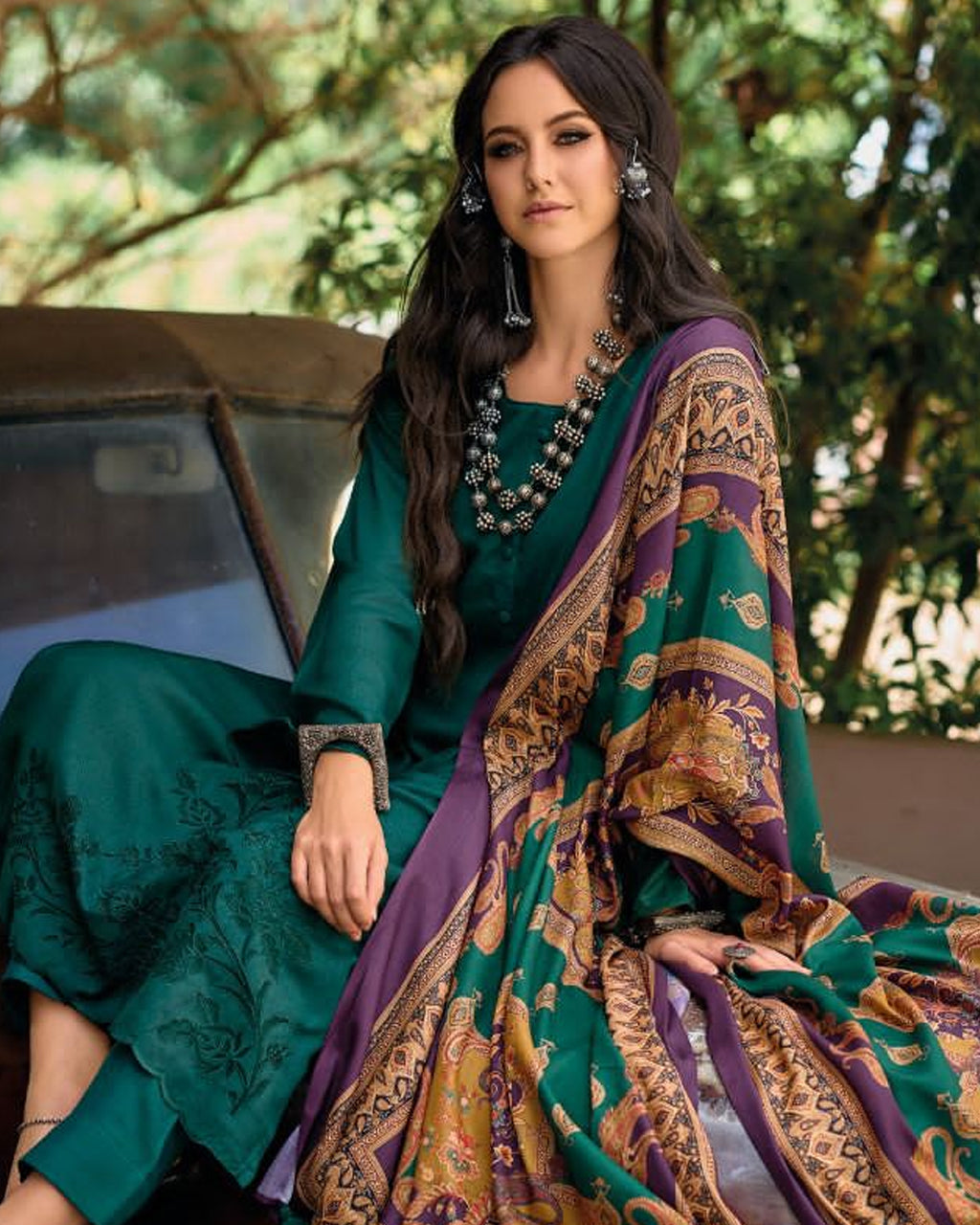 Caribbean Swim Aqua Pashmina Designer Applique Work Unstitched Dress Material