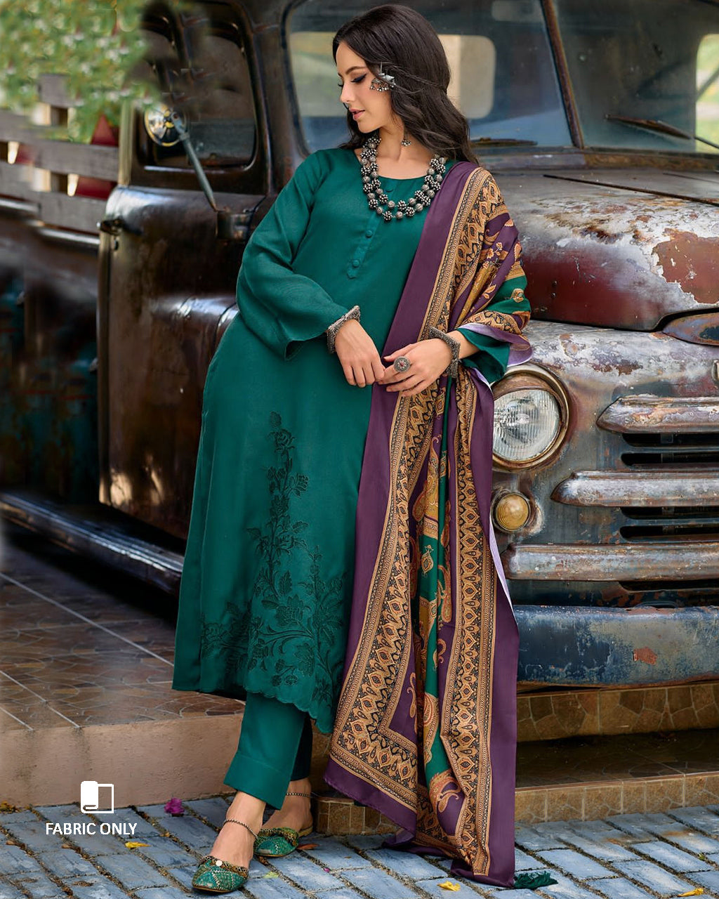 Caribbean Swim Aqua Pashmina Designer Applique Work Unstitched Dress Material