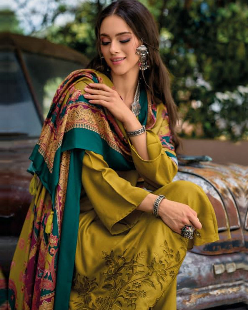 Sheen Gold Pashmina Designer Applique Work Unstitched Dress Material