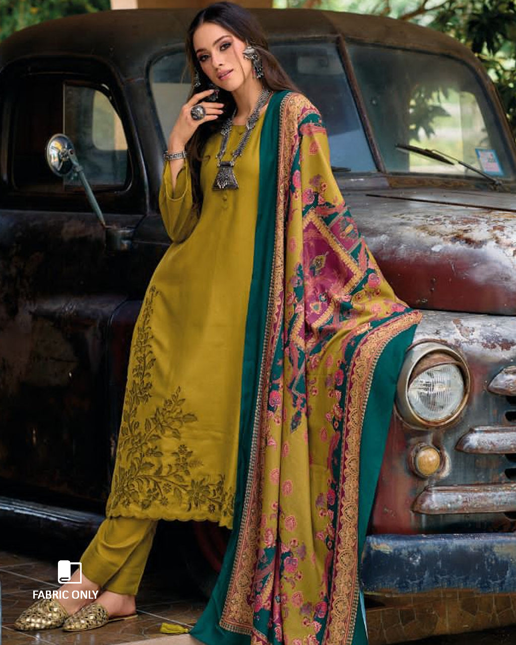 Sheen Gold Pashmina Designer Applique Work Unstitched Dress Material