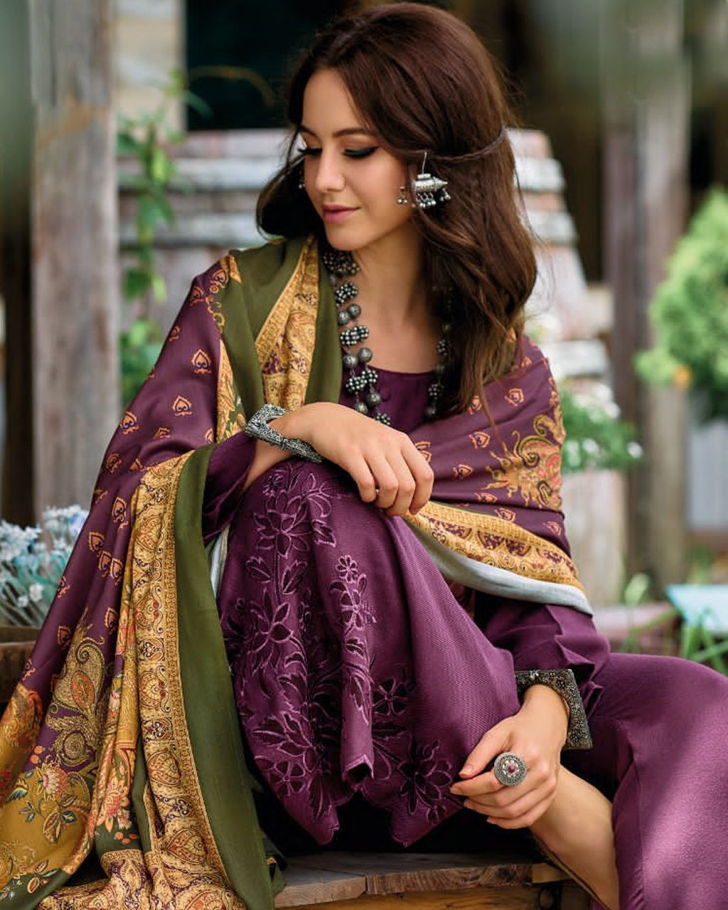 Venusian Purple Pashmina Designer Applique Work Unstitched Dress Material