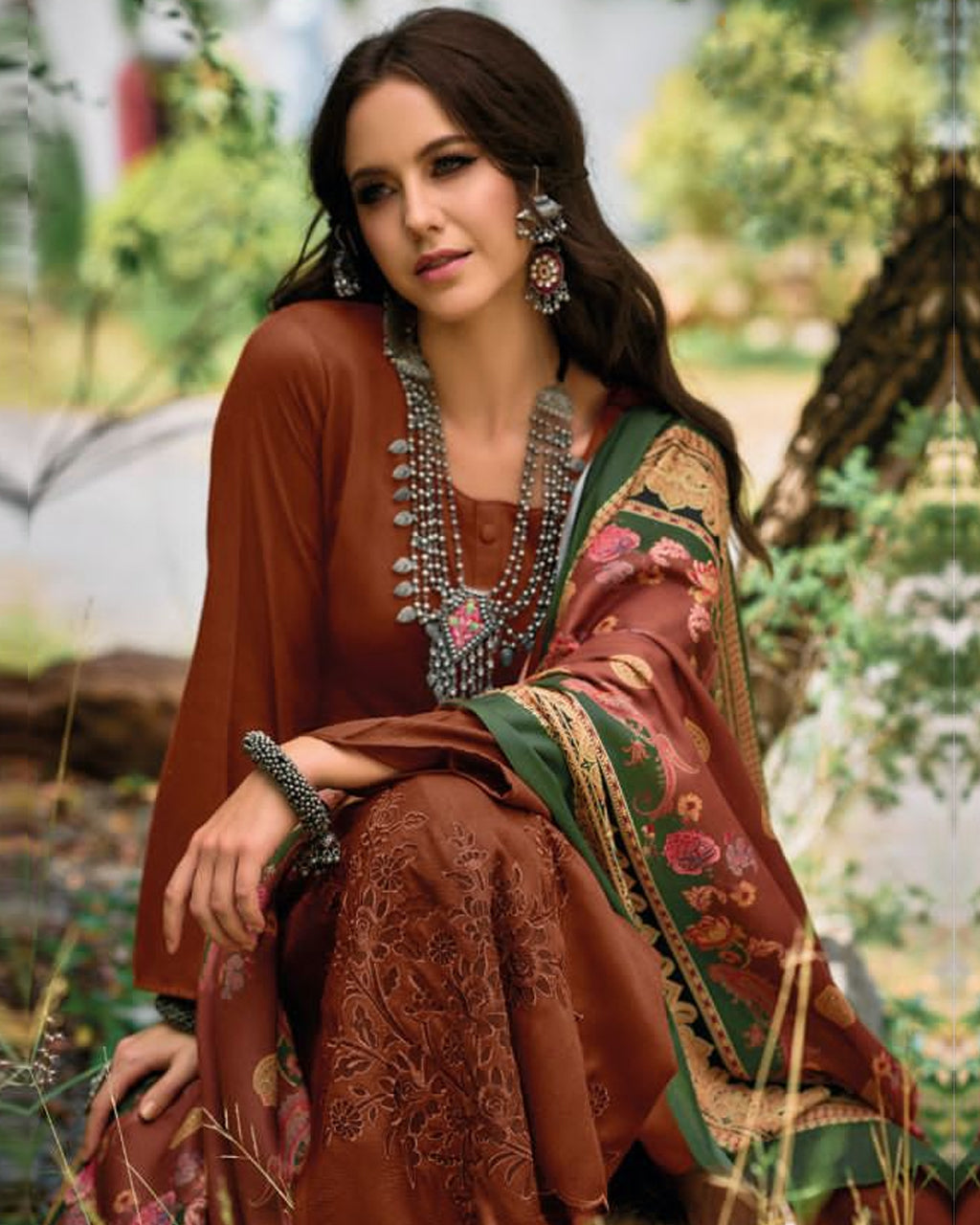 Beer Glazed Bacon Brown Wonderful Pashmina Designer Applique Work Unstitched Dress Material