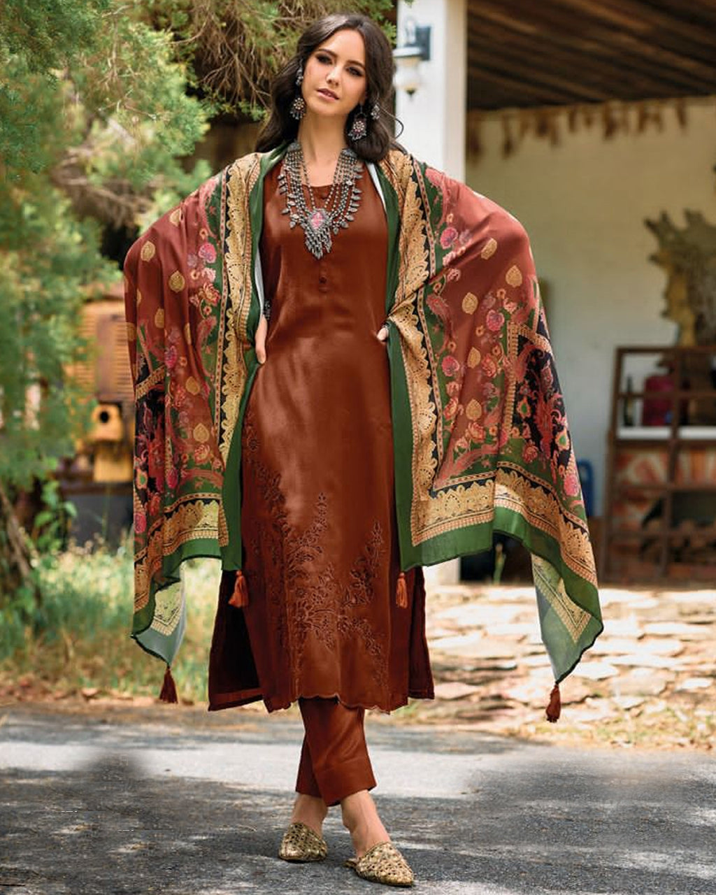Beer Glazed Bacon Brown Wonderful Pashmina Designer Applique Work