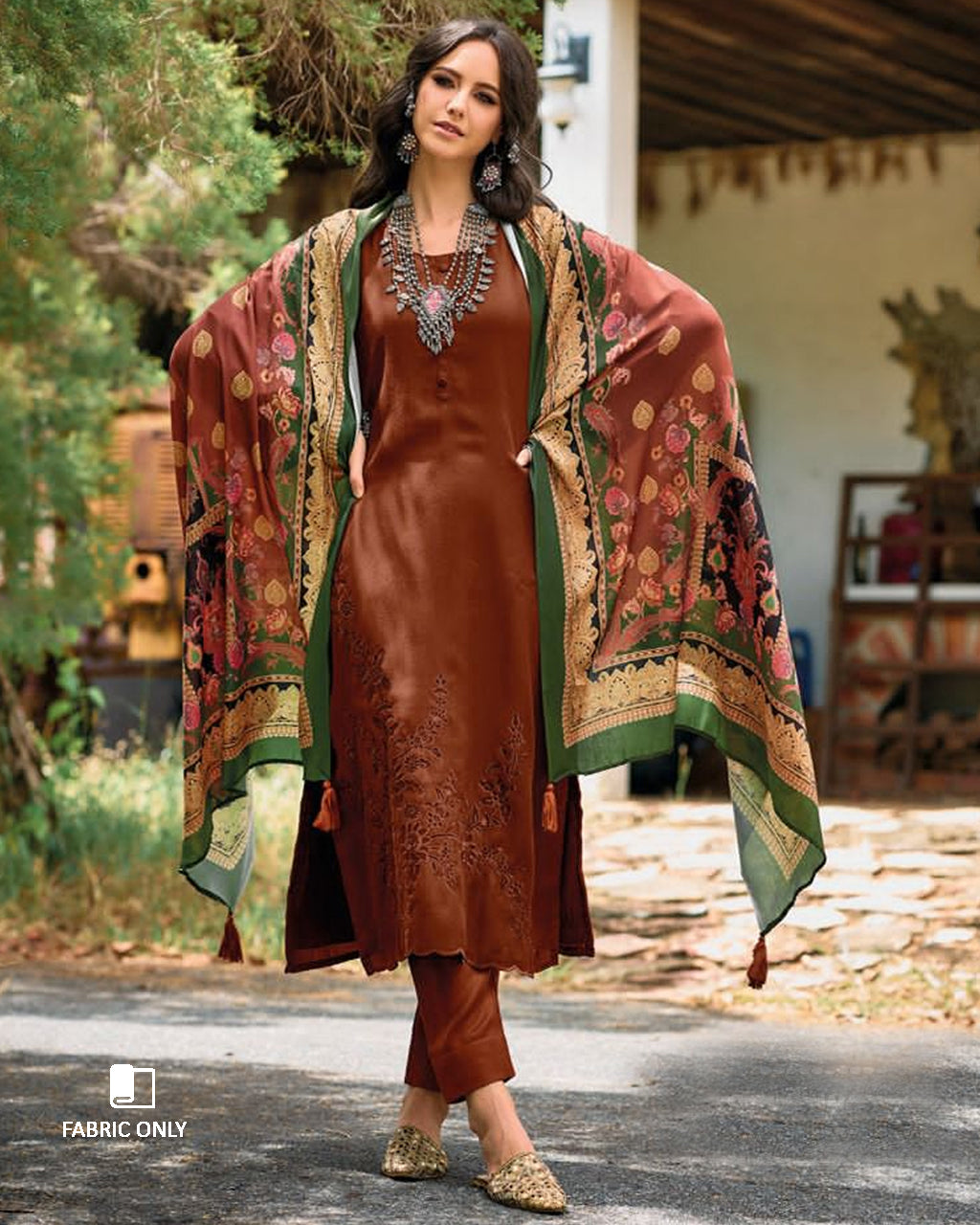 Beer Glazed Bacon Brown Wonderful Pashmina Designer Applique Work Unstitched Dress Material