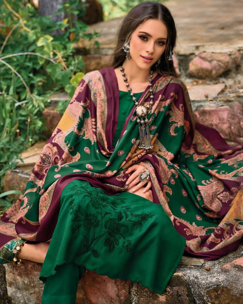 Greasy Greens Fantastic Pashmina Designer Applique Work Unstitched Dress Material