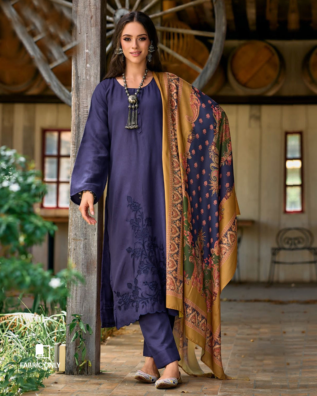 Aurora Splendor Blue Pashmina Designer Applique Work Unstitched Dress Material