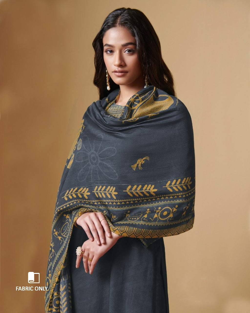 Ship Grey Digital Printed Pashmina Mirror Work Unstitched Dress Material