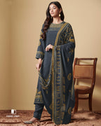 Ship Grey Digital Printed Pashmina Mirror Work Unstitched Dress Material