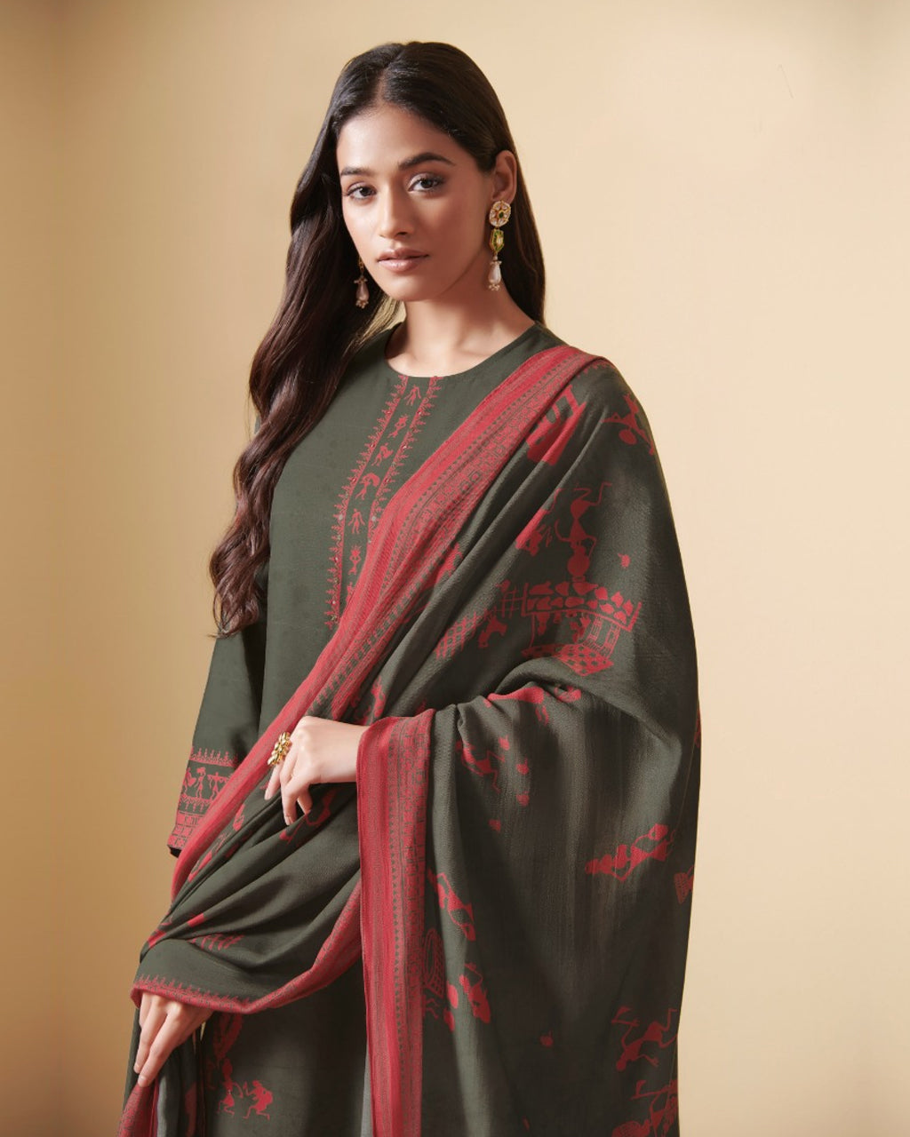 Eclipse Green Digital Printed Pashmina Pitaa And Mirror Work Unstitched Dress Material