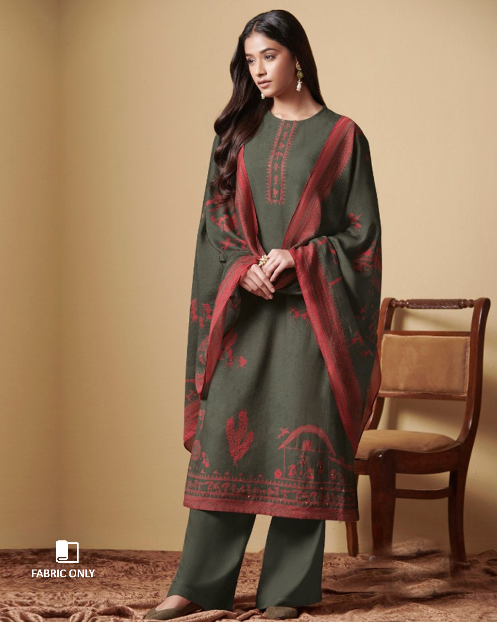 Eclipse Green Digital Printed Pashmina Pitaa And Mirror Work Unstitched Dress Material