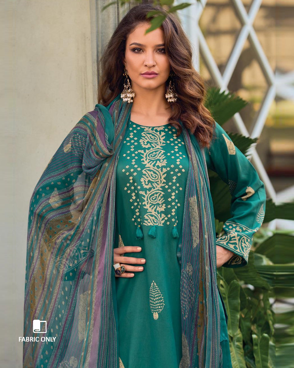 Surfie Green Jam Cotton & Bemberg Chiffon Unstitched Dress Material