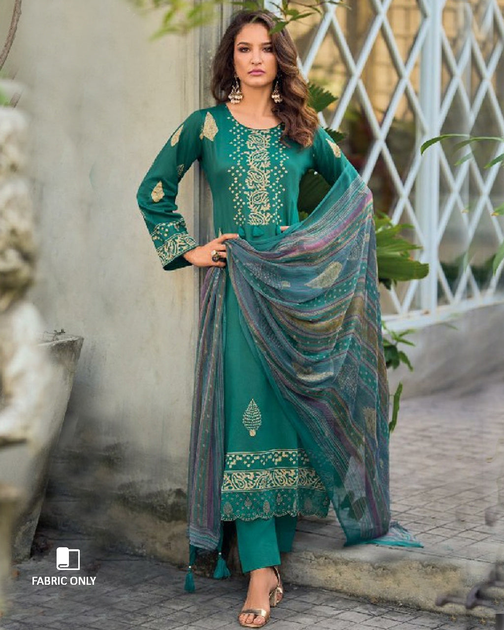 Surfie Green Jam Cotton & Bemberg Chiffon Unstitched Dress Material