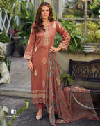 Deep Chestnut Brown Jam Cotton & Bemberg Chiffon Unstitched Dress Material